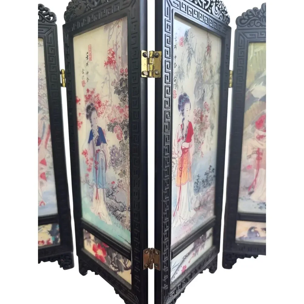Vintage Dollhouse Miniature Asian 4 Panel Folding Screen